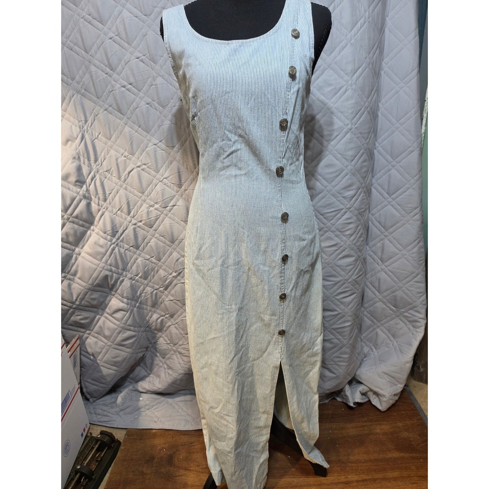 Paris Sport Club Vintage 90s Hickory‎ Stripe Denim Maxi Dress Blue White Size 7